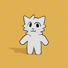a cartoon drawing of a white cat standing next to a red cube .