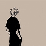 a black and white drawing of a man in a black shirt standing in front of a beige background .