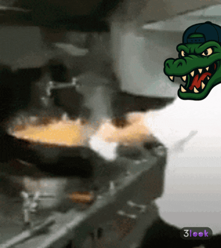 a cartoon of a crocodile in a kitchen with a 3look sticker below it
