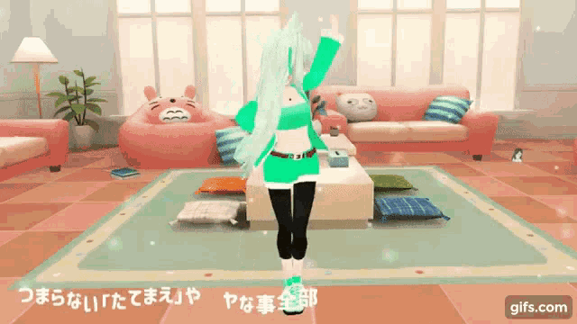 a gif of a girl dancing in a living room with a pink couch
