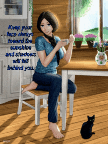 a woman sits at a table with a quote that says keep your face always toward the sunshine and shadows