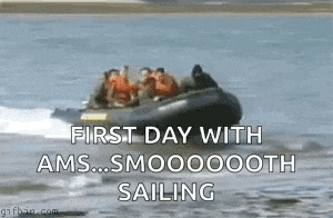 a group of people are in a boat in the water and the caption says first day with ams smooooooth sailing