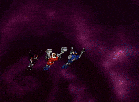 a group of robots are flying through the air with fire coming out of their hands .