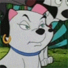 a cartoon dog with a pink headband and earrings is sitting next to a dalmatian dog .