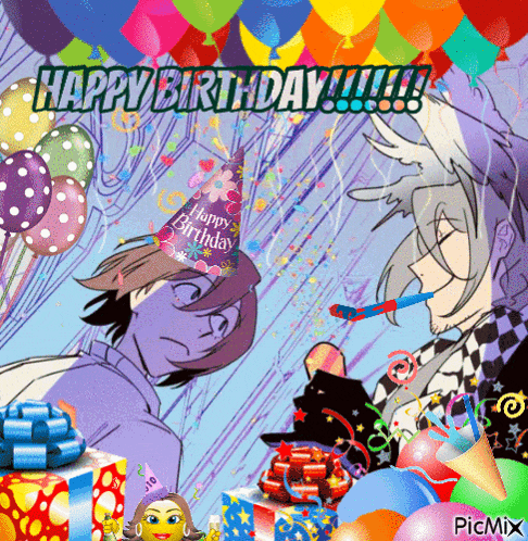 a happy birthday greeting with a couple of anime characters