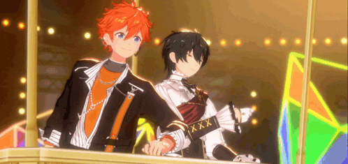 a couple of anime characters standing next to each other on a balcony .