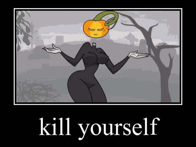 a cartoon of a woman with a pumpkin head and the words kill yourself on the bottom