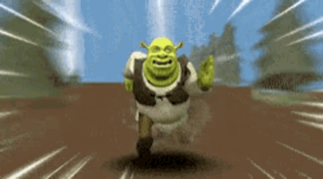 shrek from shrek is running on a dirt road