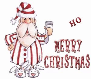 a cartoon of santa claus holding a glass and the words merry christmas