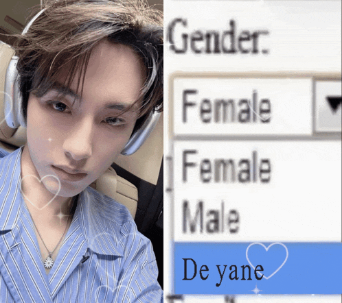 a man wearing headphones next to a screen that says gender female male de yane