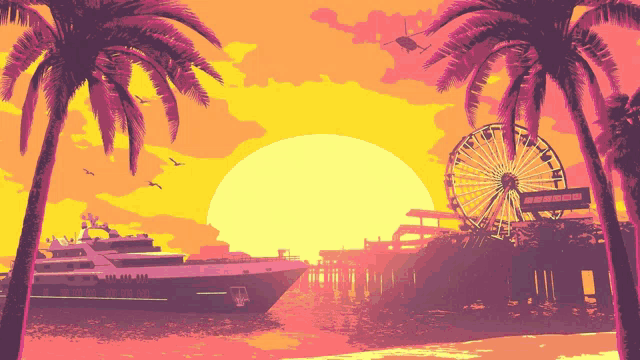 a sunset with a ferris wheel in the foreground
