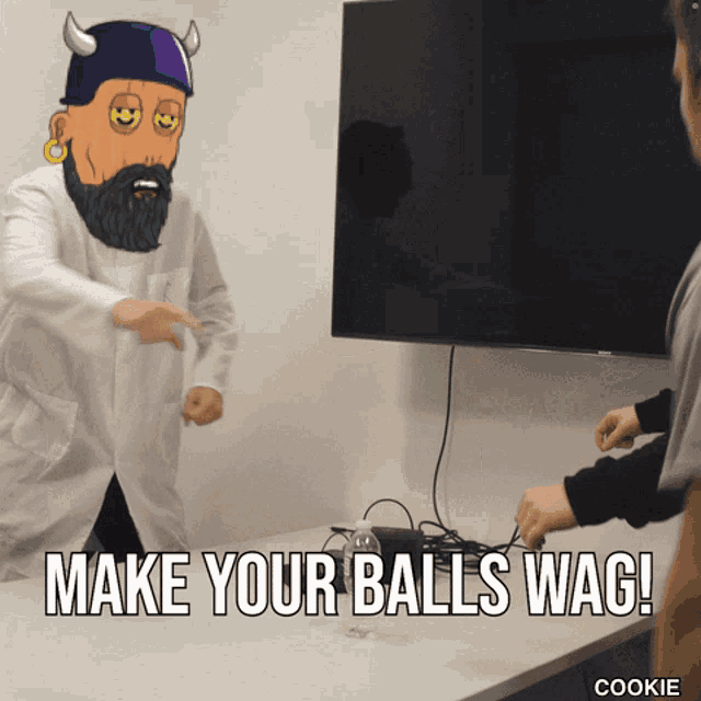a cartoon of a man with horns pointing at another man with the words make your balls wag