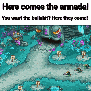 a screenshot of a video game with the words here comes the armada you want the bullshit here they come