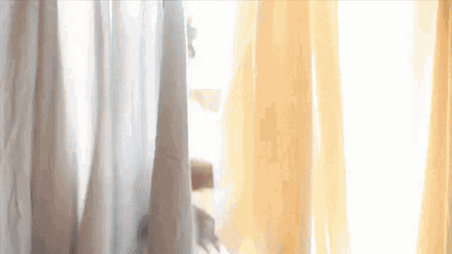 a person is peeking out from behind a curtain .