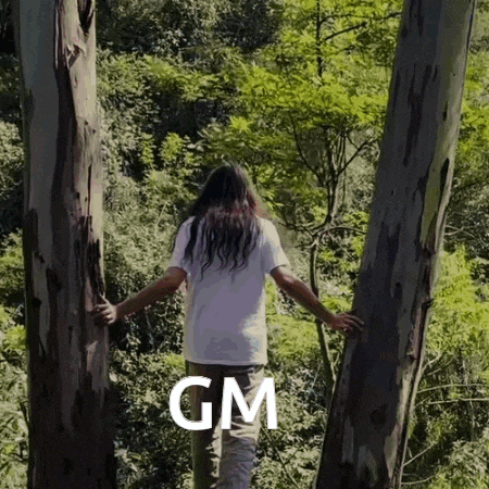 a woman with long hair is hugging a tree in a forest with the word gm written on the bottom .