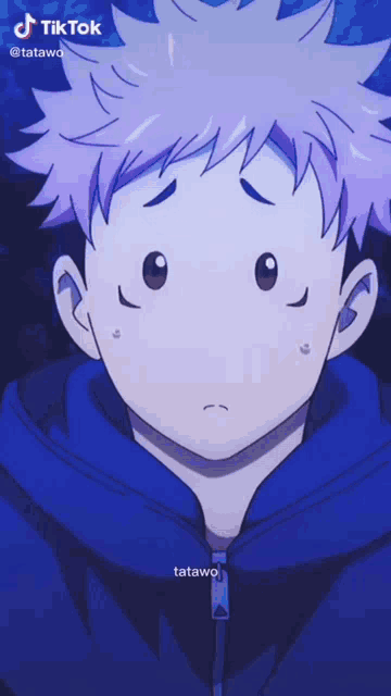 a boy with purple hair is wearing a blue jacket
