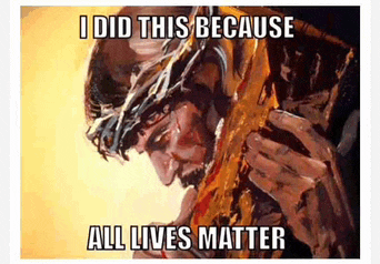 a painting of jesus with the words " i did this because all lives matter " on it