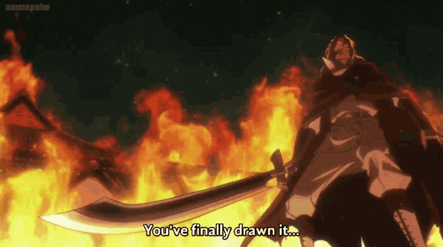 a man holding a sword with the words you 've finally drawn it below him