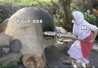 a woman in a hijab is baking bread in an oven with the words your ass and your opinion written on it