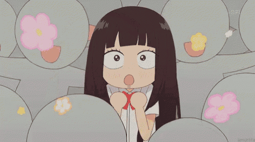 a cartoon girl with a surprised look on her face surrounded by flowers .