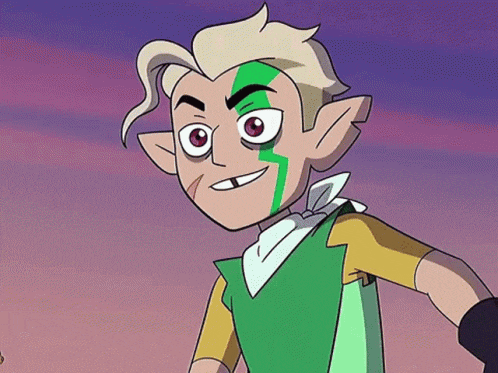 a close up of a cartoon character with green paint on his face and ears .