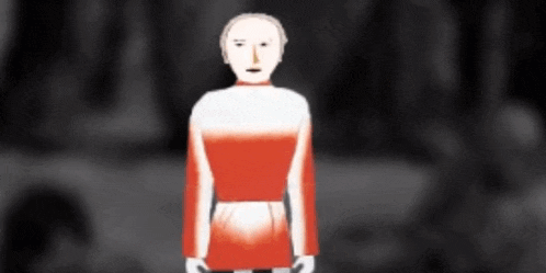 a drawing of a person with a red and white dress on