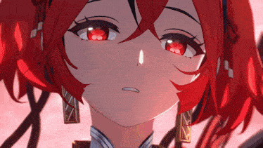 a close up of a anime character with red hair and red eyes