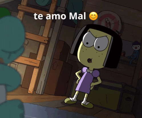a cartoon character with a smiley face and the words te amo mal above her