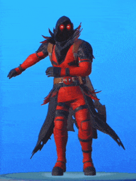 a man in a red and black outfit with red eyes is standing in front of a blue background