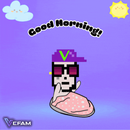 a cartoon character says good morning and is wearing a hat and sunglasses