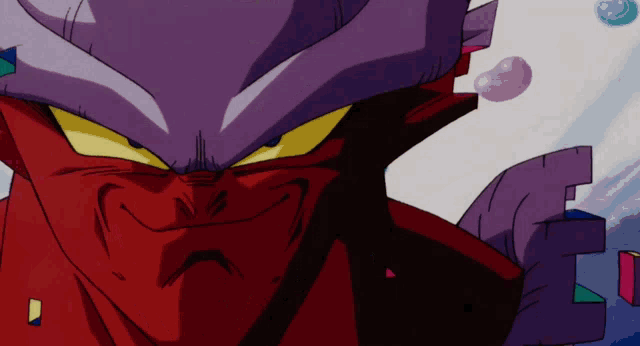 a close up of a cartoon character 's face with a purple head
