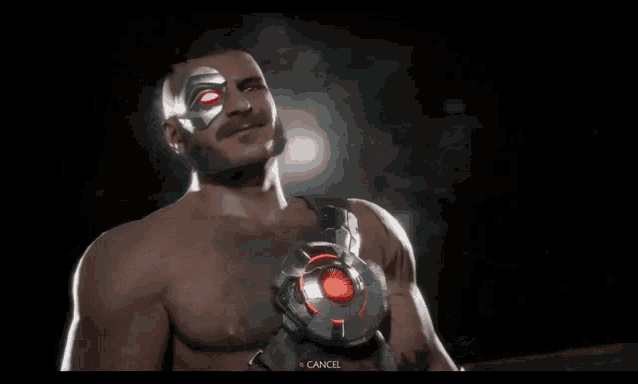 a man in a video game with a red eye and the word cancel on the bottom