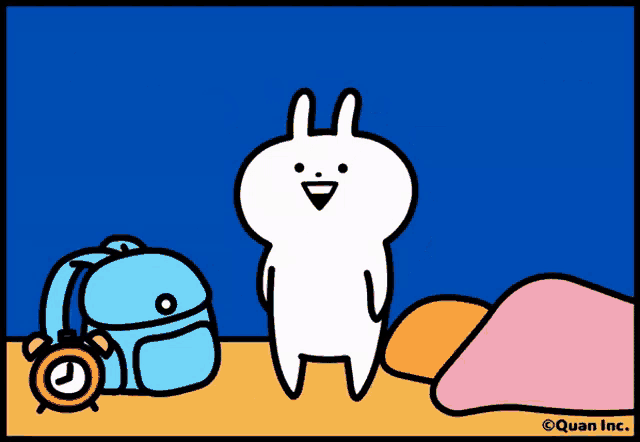 a cartoon of a rabbit jumping in the air next to an alarm clock and a backpack