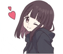 the girl is wearing a black hoodie and has two hearts floating above her head .