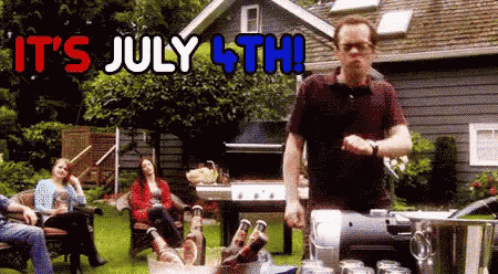 a man is standing in front of a grill with the words " it 's july 4th " written above him