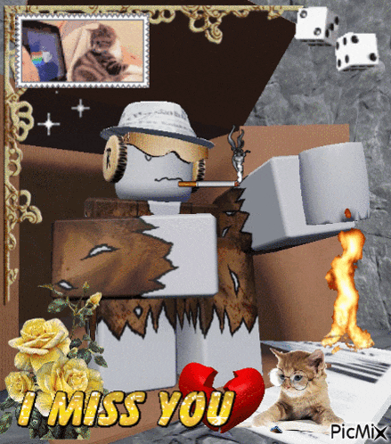 a picture of a man smoking a cigarette with the words i miss you on it
