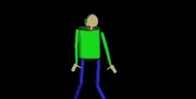 a cartoon character in a green shirt and blue pants is standing in front of a black background .