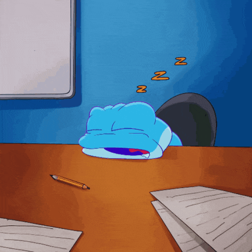 a cartoon of a frog sleeping on a desk with a pencil