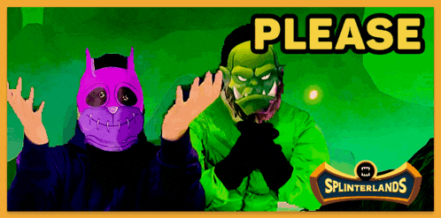 a purple cat and a green orc are standing next to each other with the words please splinterlands below them