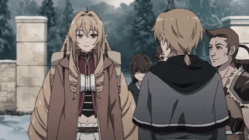 a group of anime characters standing next to each other in the snow