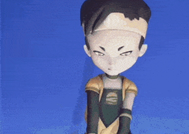 a cartoon character is standing on a blue staircase and looking down .