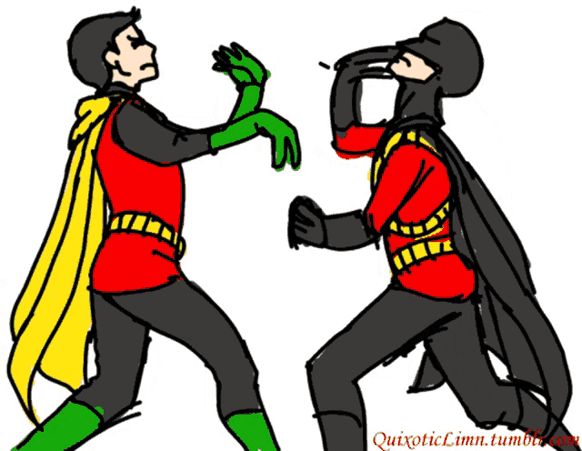 a drawing of robin and batman with the website quixoticlimn.tumblr.com in the bottom right corner