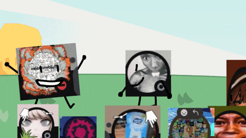 a group of cartoon characters are standing in a field and one of them has a picture of a woman on it