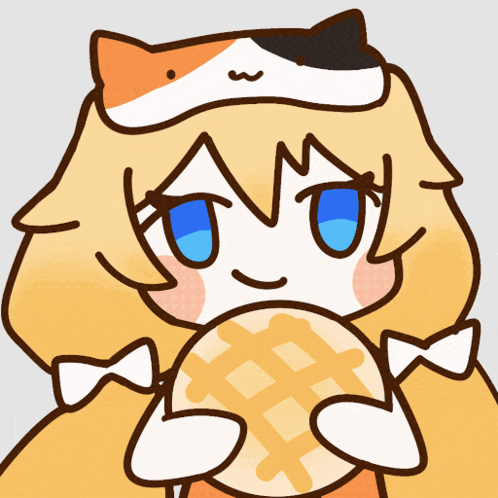 a cartoon character with a cat on her head holding a waffle