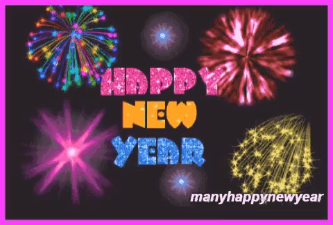 a happy new year greeting with fireworks in the background