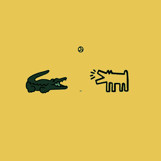 a drawing of a crocodile and a red dog
