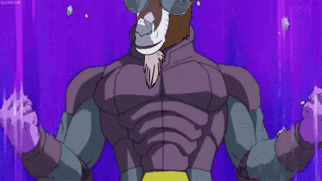 a cartoon of a goat in a purple armor with a purple background