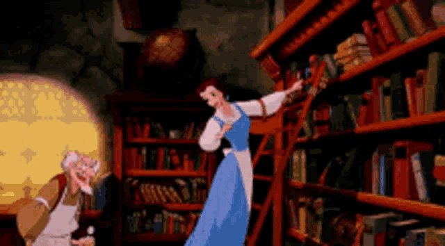 a woman in a blue dress stands in front of a bookshelf