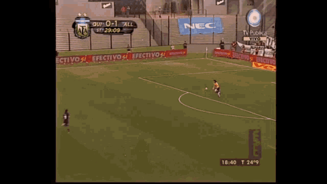 a soccer game is being played on a field with a banner that says efectivo on it