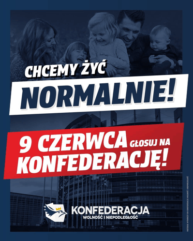 a poster for konfederacja shows a family and a building